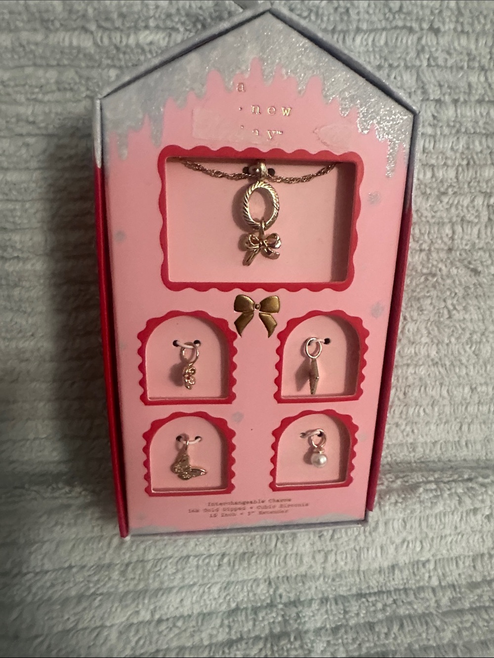 Gold Tone Necklace and Charm Set with Bow Accents - Pink Display NWT